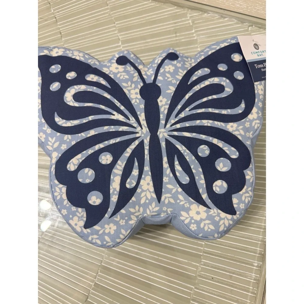 Blue Butterfly Toss Pillow Shaped Decorative Accent Cushion Floral NWT